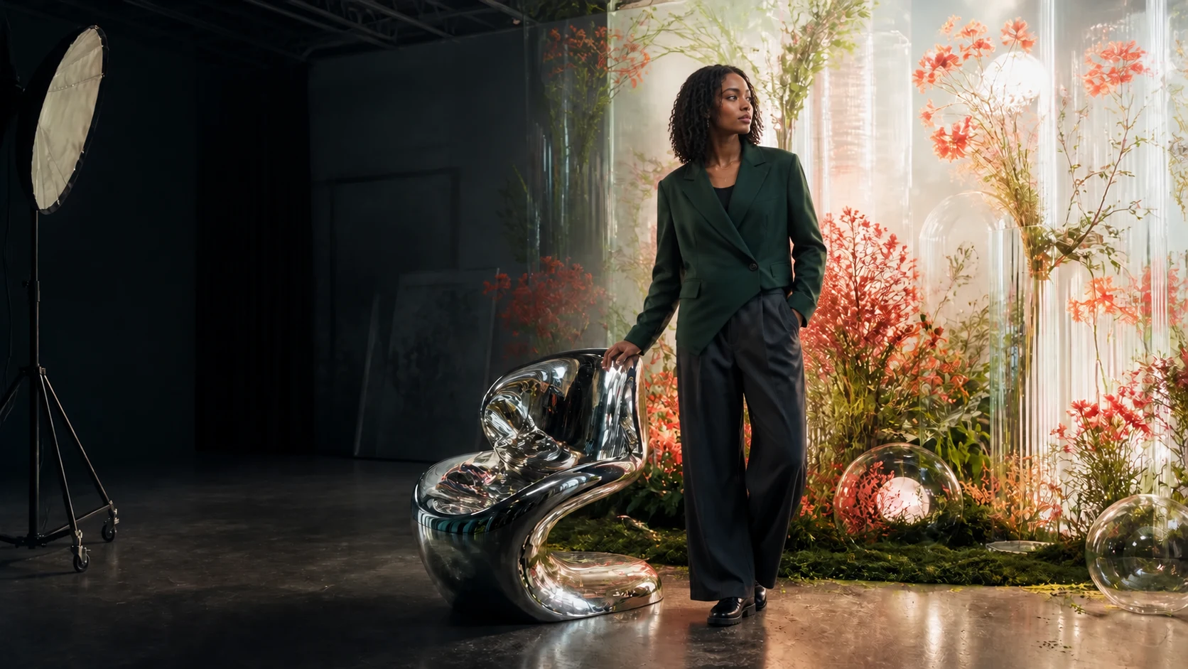 A fashion photograph transformed into a luminous botanical set with Webit StudioChat