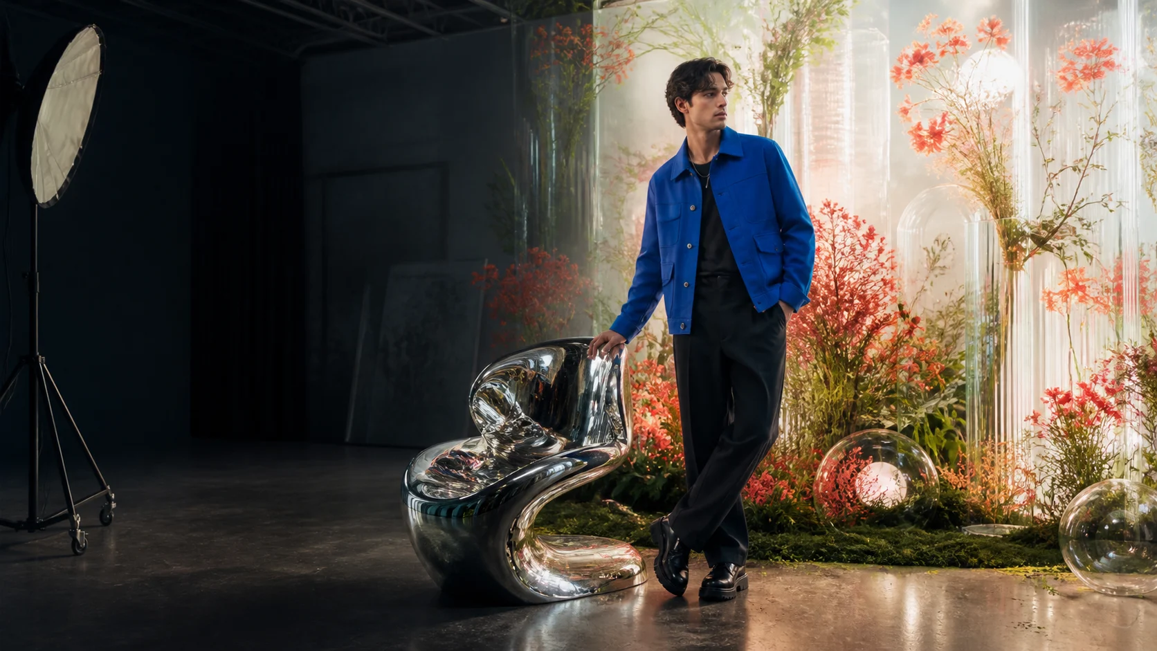 A fashion image transformed into a botanical studio scene with StudioChat