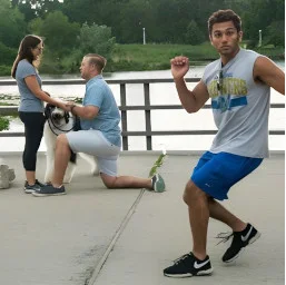 Runner crossing in front of a couple