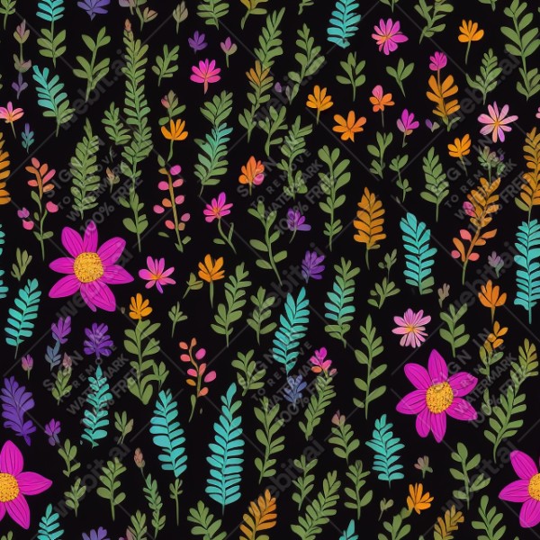 Black background with colorful pattern of plants and flowers, trending on artstation, base color, albedo, detailed, 4k