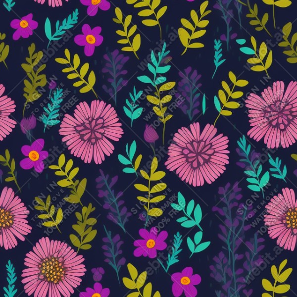 Dark background with colorful pattern of plants and flowers, trending on artstation, base color, albedo, detailed, 4k