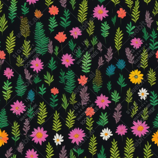 Black background with colorful pattern of plants and flowers, trending on artstation, base color, albedo, detailed, 4k