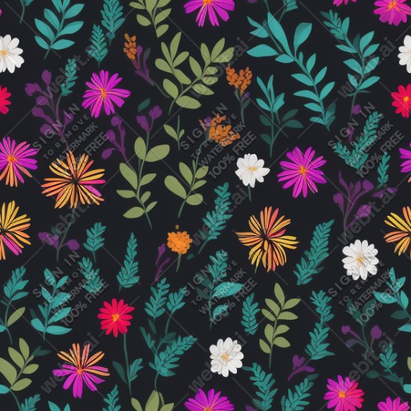 Black background with colorful pattern of plants and flowers, trending on artstation, base color, albedo, detailed, 4k