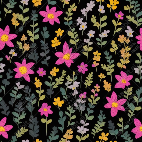 Black background with colorful pattern of plants and flowers, trending on artstation, base color, albedo, detailed, 4k