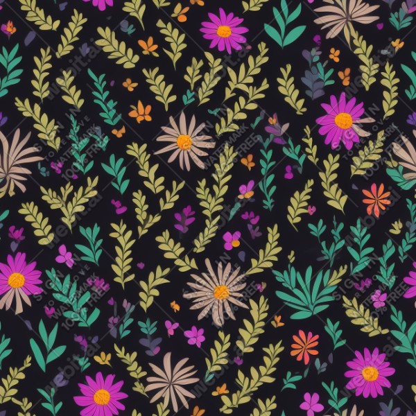 Black background with colorful pattern of plants and flowers, trending on artstation, base color, albedo, detailed, 4k
