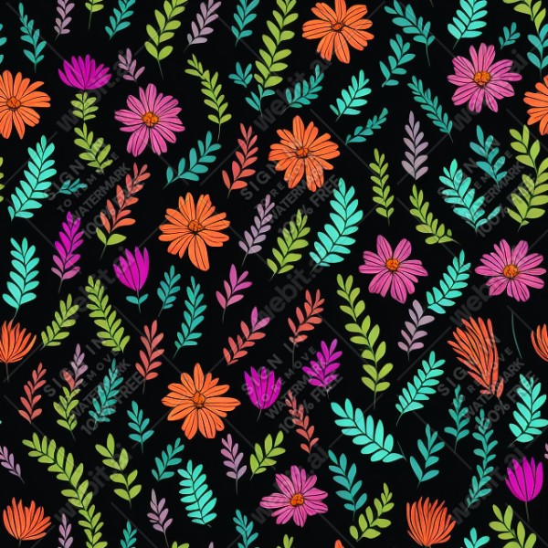 Black background with colorful pattern of plants and flowers, trending on artstation, base color, albedo, detailed, 4k