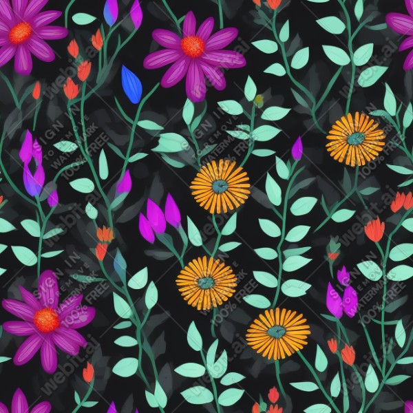 Black background with colorful pattern of plants and flowers, trending on artstation, base color, albedo, detailed, 4k