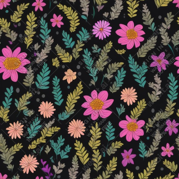 Black background with colorful pattern of plants and flowers, trending on artstation, base color, albedo, detailed, 4k