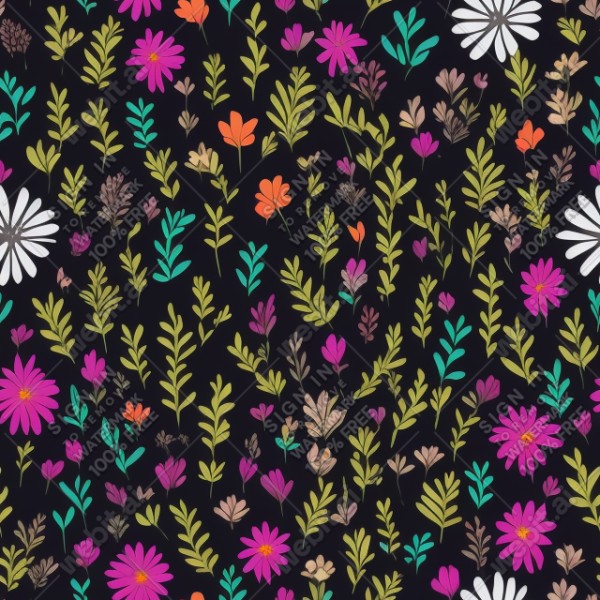 Black background with colorful pattern of plants and flowers, trending on artstation, base color, albedo, detailed, 4k