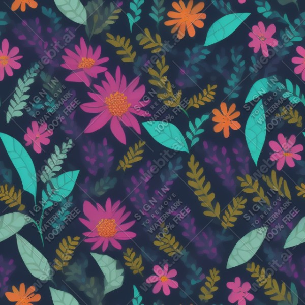 Dark background with colorful pattern of plants and flowers, trending on artstation, base color, albedo, detailed, 4k