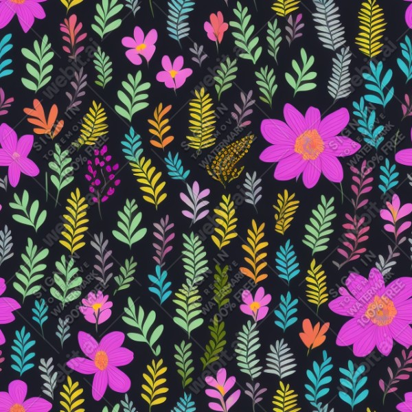 Black background with colorful pattern of plants and flowers, trending on artstation, base color, albedo, detailed, 4k