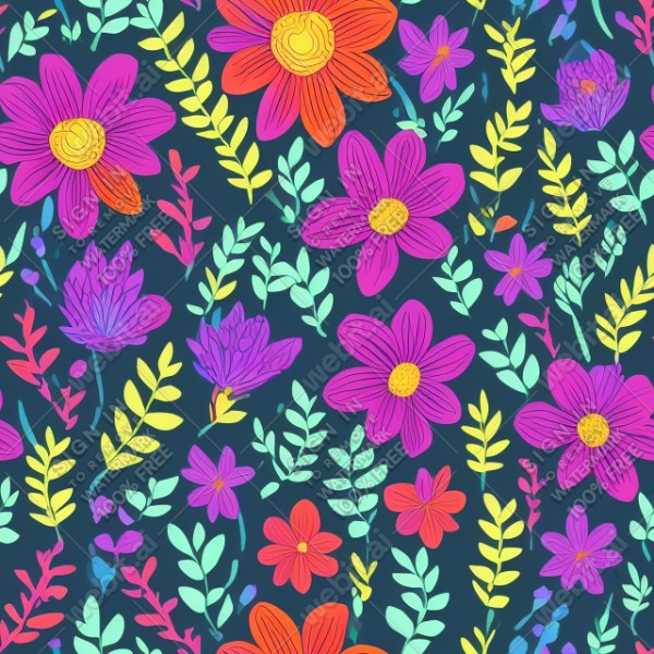 Dark background with colorful pattern of plants and flowers, trending on artstation, base color, albedo, detailed, 4k
