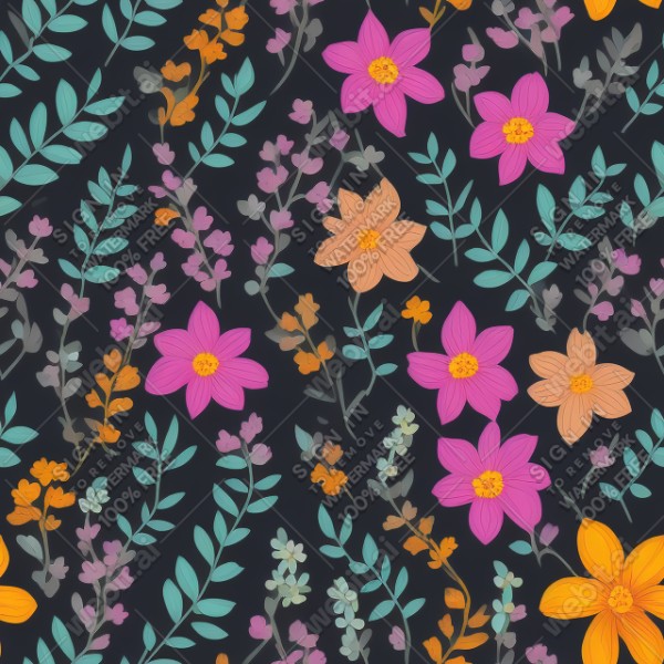 Black background with colorful pattern of plants and flowers, trending on artstation, base color, albedo, detailed, 4k