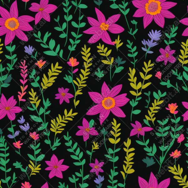 Black background with colorful pattern of plants and flowers, trending on artstation, base color, albedo, detailed, 4k