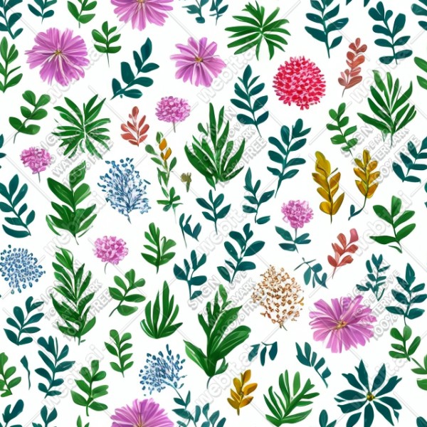 White background with colorful pattern of plants and flowers, trending on artstation, base color, albedo, detailed, 4k