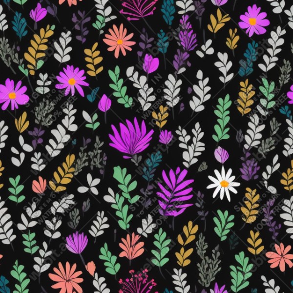 Black background with colorful pattern of plants and flowers, trending on artstation, base color, albedo, detailed, 4k