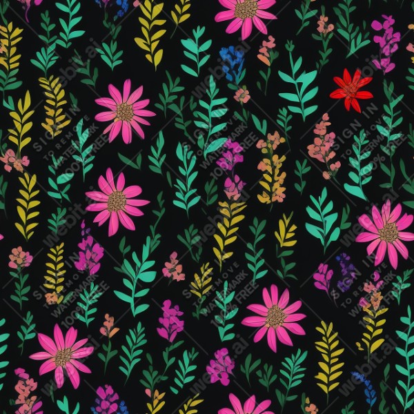 Black background with colorful pattern of plants and flowers, trending on artstation, base color, albedo, detailed, 4k