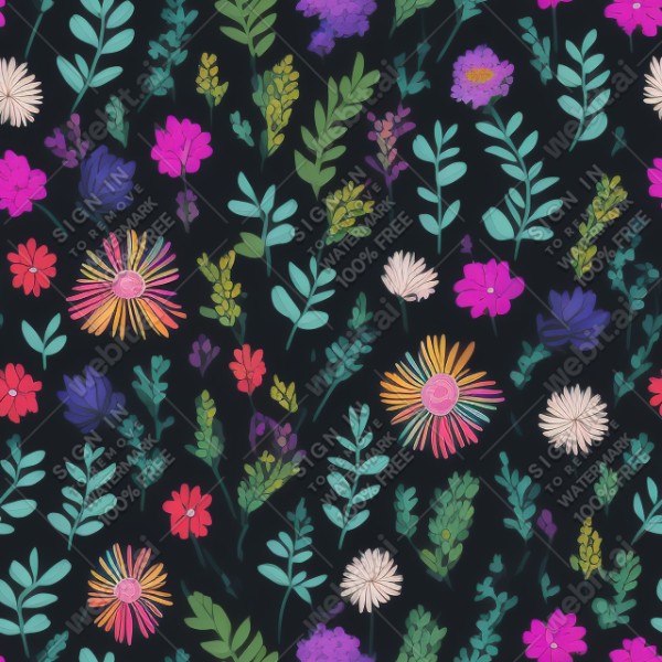 Black background with colorful pattern of plants and flowers, trending on artstation, base color, albedo, detailed, 4k