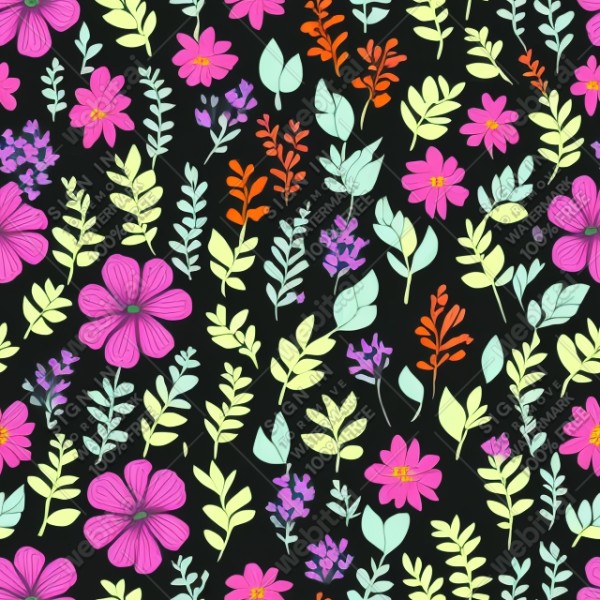Black background with colorful pattern of plants and flowers, trending on artstation, base color, albedo, detailed, 4k
