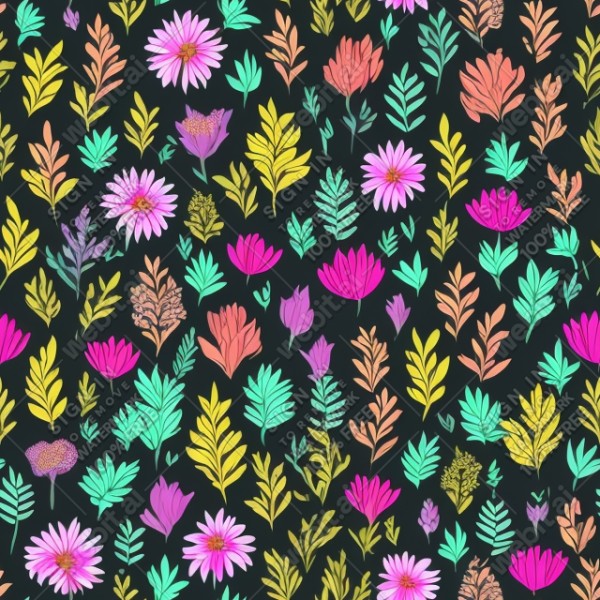 Black background with colorful pattern of plants and flowers, trending on artstation, base color, albedo, detailed, 4k
