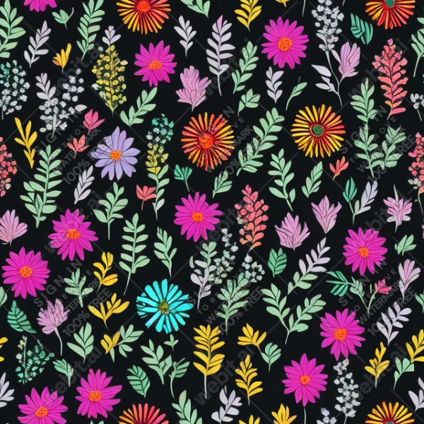 Black background with colorful pattern of plants and flowers, trending on artstation, base color, albedo, detailed, 4k