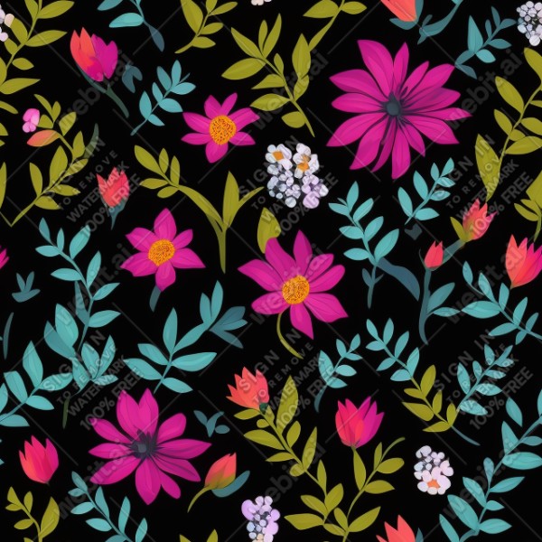Black background with colorful pattern of plants and flowers, trending on artstation, base color, albedo, detailed, 4k