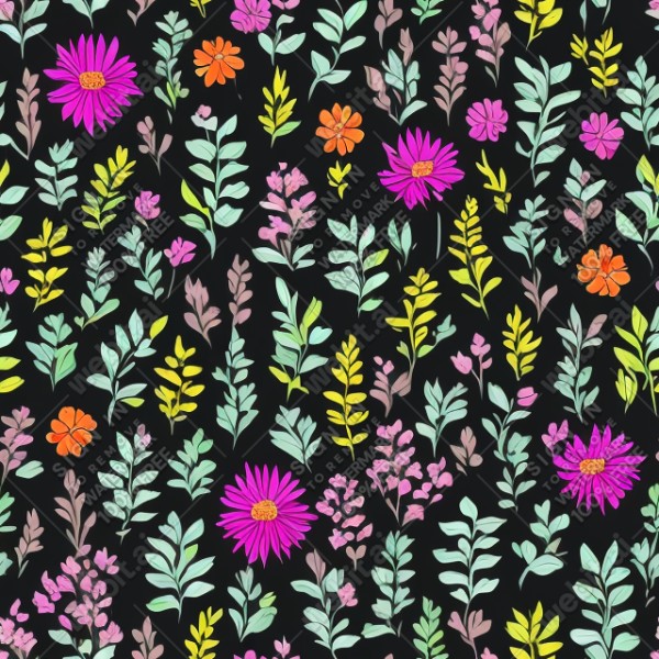 Black background with colorful pattern of plants and flowers, trending on artstation, base color, albedo, detailed, 4k