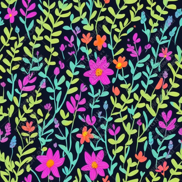 Dark background with colorful pattern of plants and flowers, trending on artstation, base color, albedo, detailed, 4k