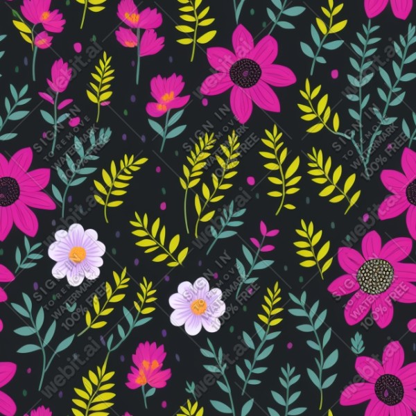 Black background with colorful pattern of plants and flowers, trending on artstation, base color, albedo, detailed, 4k