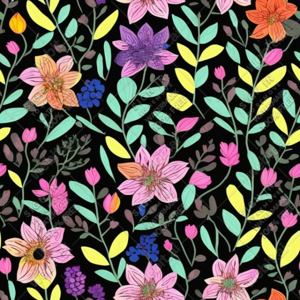 Black background with colorful pattern of plants and flowers, trending on artstation, base color, albedo, detailed, 4k