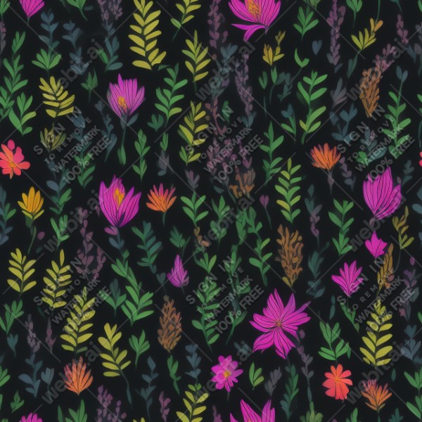 Black background with colorful pattern of plants and flowers, trending on artstation, base color, albedo, detailed, 4k