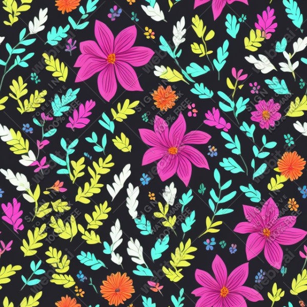 Black background with colorful pattern of plants and flowers, trending on artstation, base color, albedo, detailed, 4k