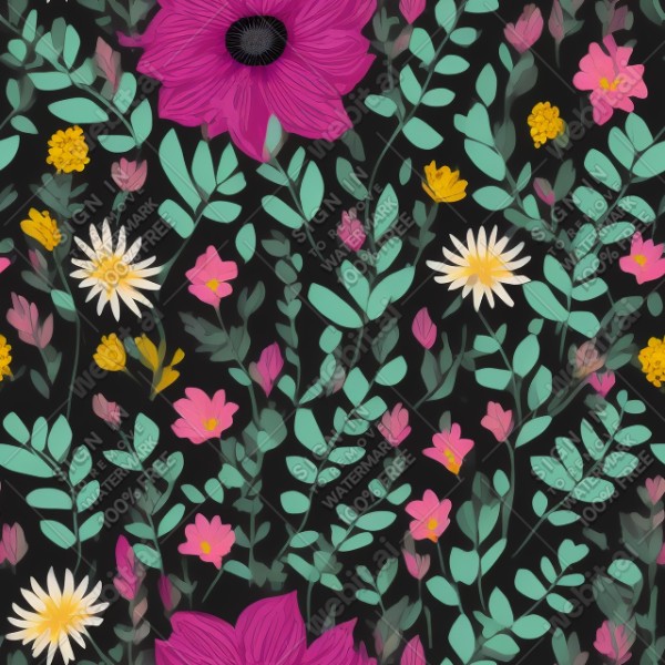 Black background with colorful pattern of plants and flowers, trending on artstation, base color, albedo, detailed, 4k