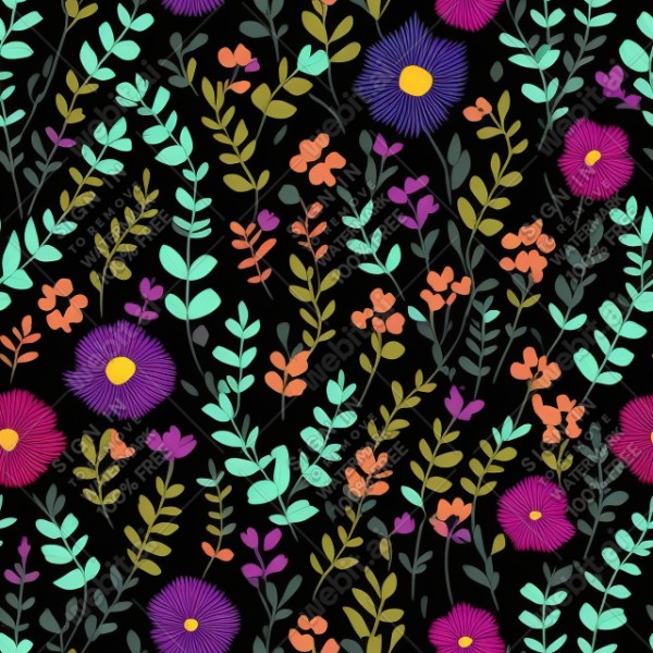 Black background with colorful pattern of plants and flowers, trending on artstation, base color, albedo, detailed, 4k