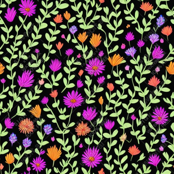Black background with colorful pattern of plants and flowers, trending on artstation, base color, albedo, detailed, 4k