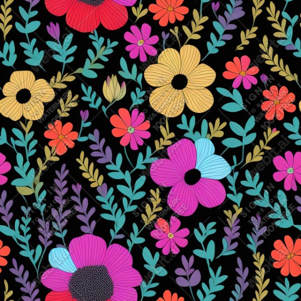 Black background with colorful pattern of plants and flowers, trending on artstation, base color, albedo, detailed, 4k