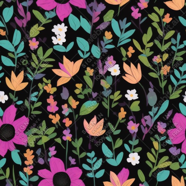 Black background with colorful pattern of plants and flowers, trending on artstation, base color, albedo, detailed, 4k