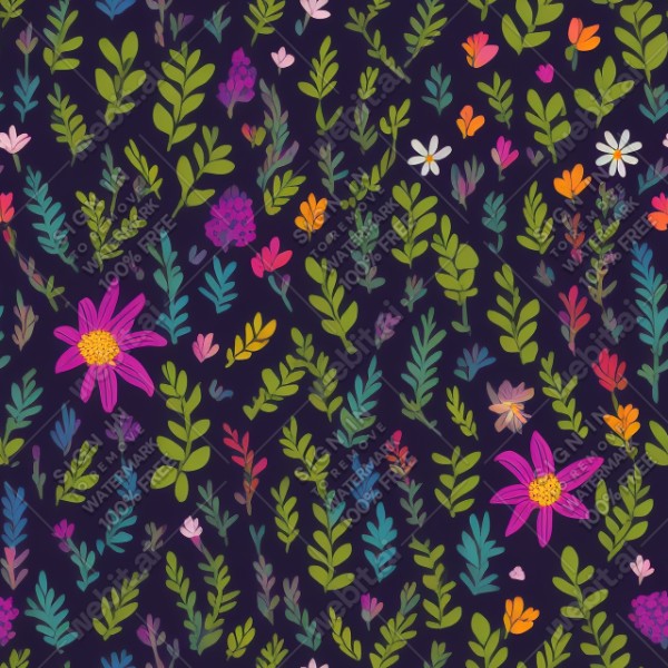Dark background with colorful pattern of plants and flowers, trending on artstation, base color, albedo, detailed, 4k