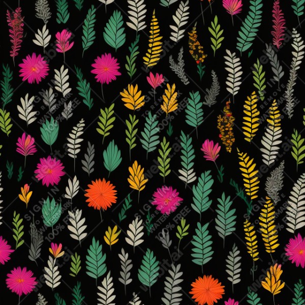 Black background with colorful pattern of plants and flowers, trending on artstation, base color, albedo, detailed, 4k