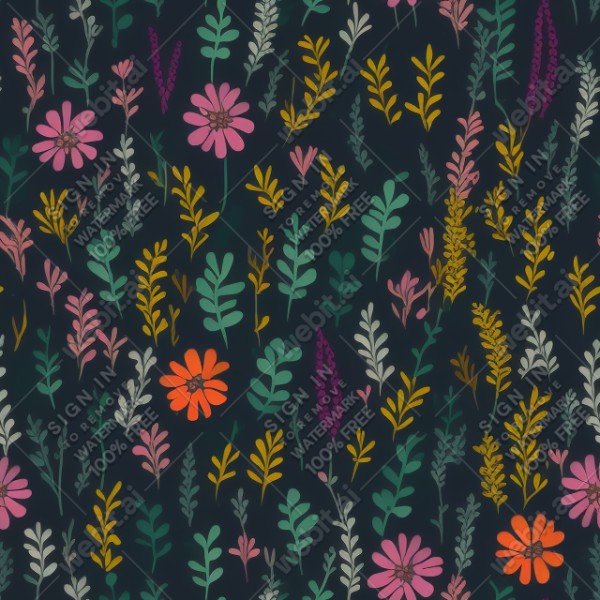 Dark background with colorful pattern of plants and flowers, trending on artstation, base color, albedo, detailed, 4k