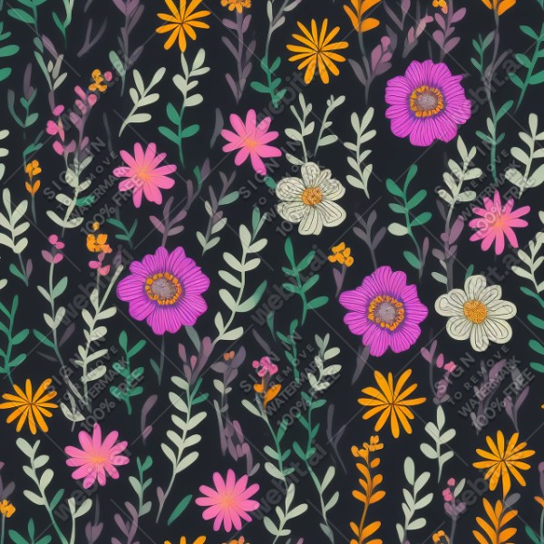 Black background with colorful pattern of plants and flowers, trending on artstation, base color, albedo, detailed, 4k