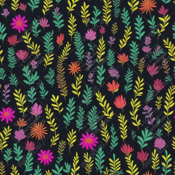 Black background with colorful pattern of plants and flowers, trending on artstation, base color, albedo, detailed, 4k