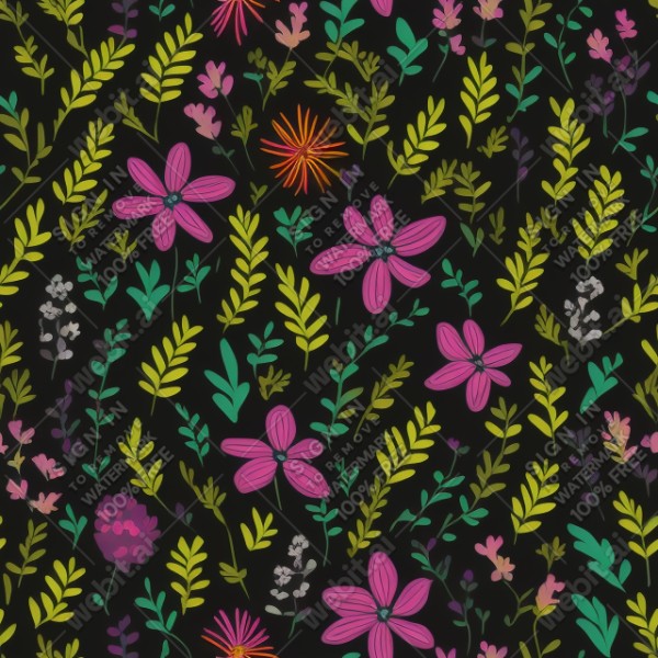 Black background with colorful pattern of plants and flowers, trending on artstation, base color, albedo, detailed, 4k