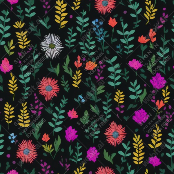 Black background with colorful pattern of plants and flowers, trending on artstation, base color, albedo, detailed, 4k
