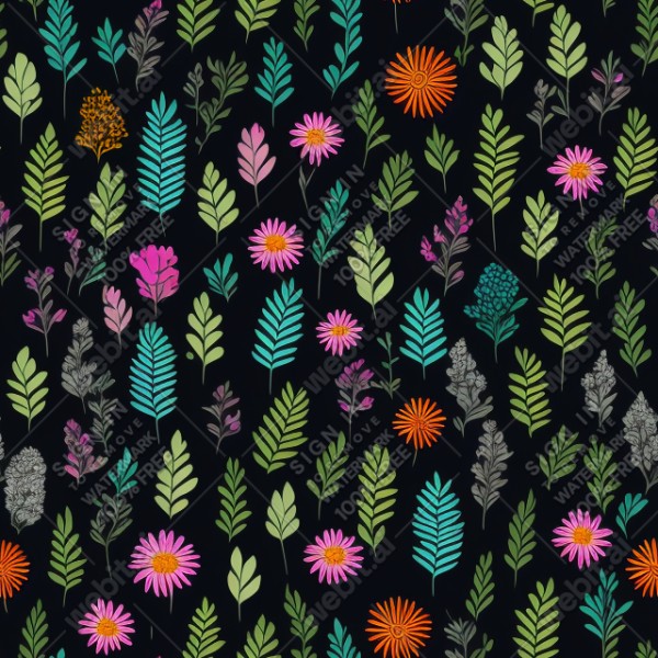 Black background with colorful pattern of plants and flowers, trending on artstation, base color, albedo, detailed, 4k