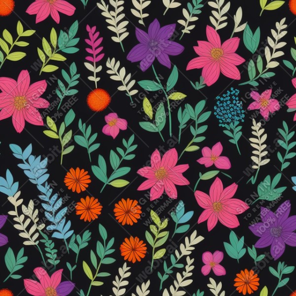 Black background with colorful pattern of plants and flowers, trending on artstation, base color, albedo, detailed, 4k