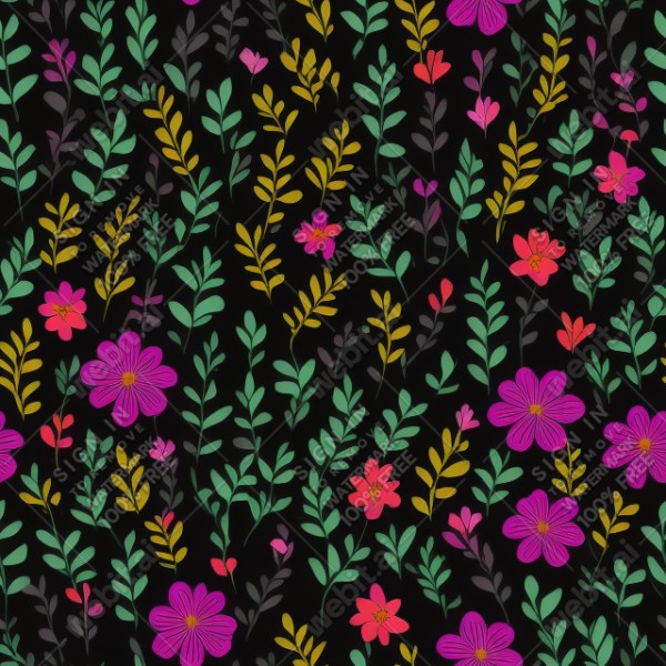 Black background with colorful pattern of plants and flowers, trending on artstation, base color, albedo, detailed, 4k