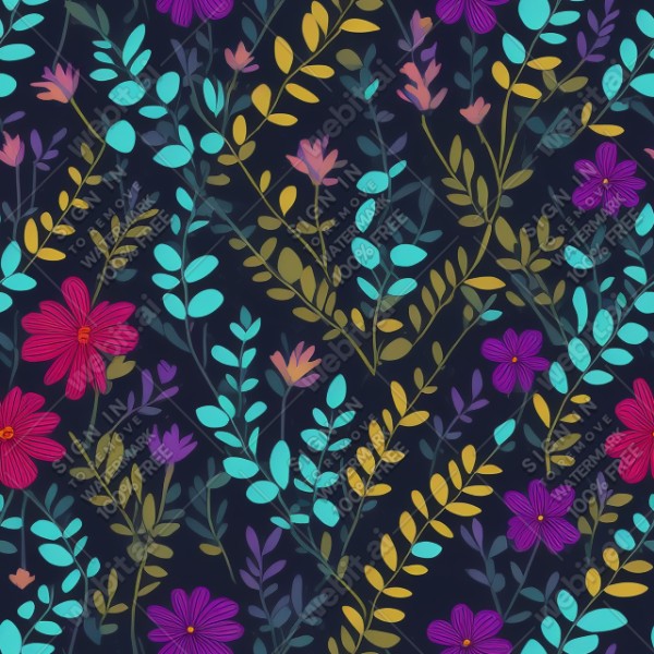 Dark background with colorful pattern of plants and flowers, trending on artstation, base color, albedo, detailed, 4k