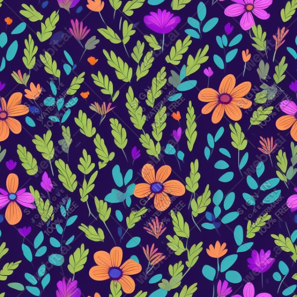 Dark background with colorful pattern of plants and flowers, trending on artstation, base color, albedo, detailed, 4k