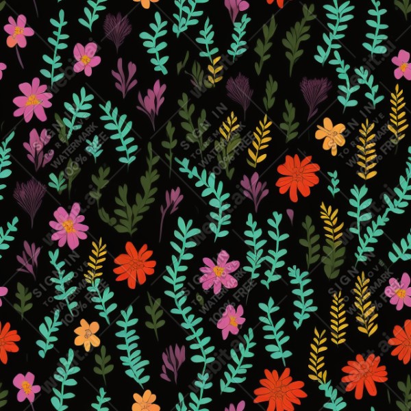 Black background with colorful pattern of plants and flowers, trending on artstation, base color, albedo, detailed, 4k